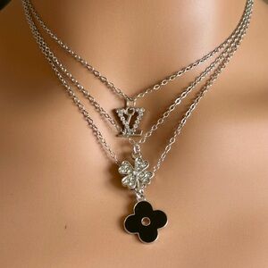 Silver Triple-Layered Necklace with Charms